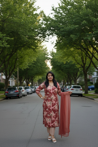 Multi color Floral Print Muslin Suit Set