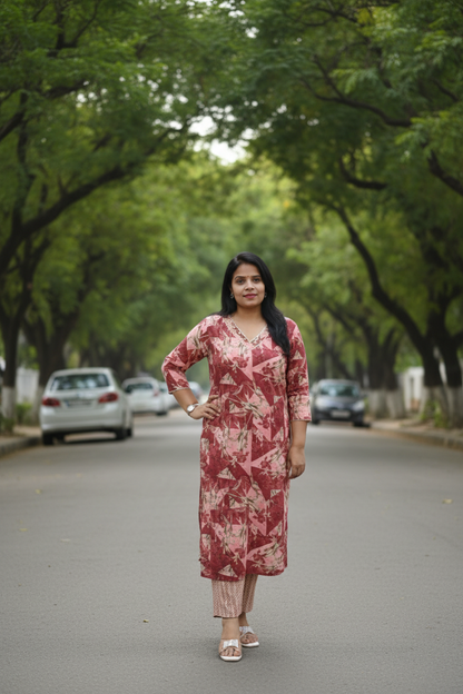 Multi color Floral Print Muslin Suit Set
