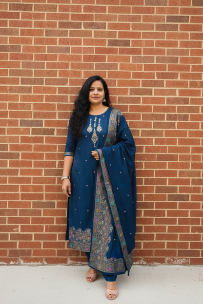 NAVY BLUE ROMAN SILK SUIT SET