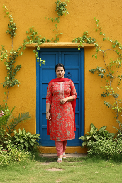 Red Muslin Floral Print Suit Set for Women