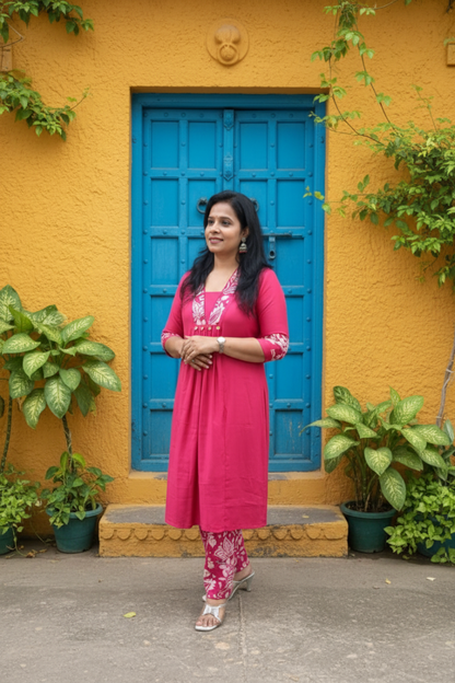 Floral Pink A-Line Muslin Kurta with Palazzo