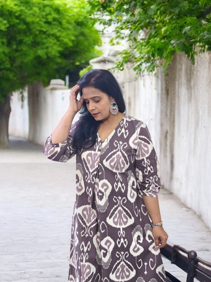 Floral Printed Brown & Cream Cotton Kurta Set