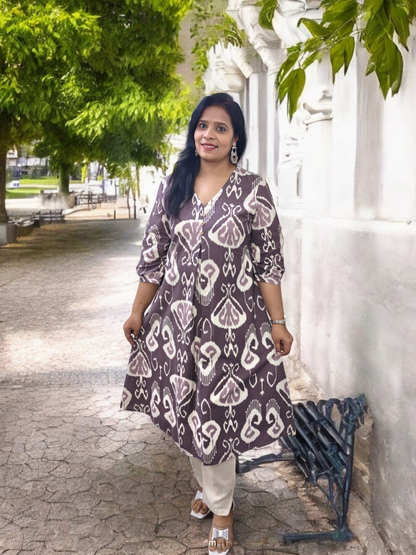 Floral Printed Brown & Cream Cotton Kurta Set