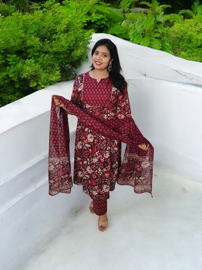 Maroon Viscose Rayon Anarkali Kurta Set