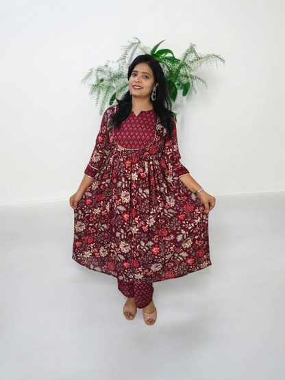 Maroon Viscose Rayon Anarkali Kurta Set