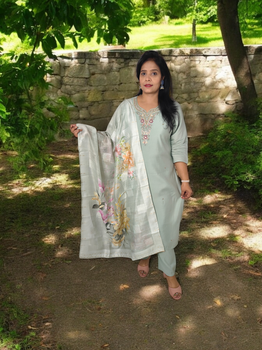 PISTA GREEN EMBRODERED DOLA SILK KURTA SET