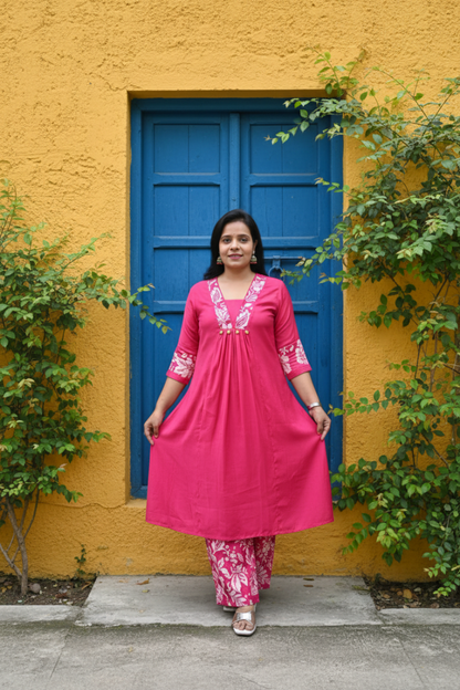 Floral Pink A-Line Muslin Kurta with Palazzo