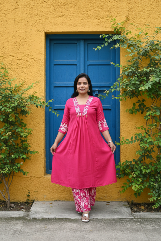 FLORAL PINK A-LINE MUSLIN KURTA WITH PALAZZOS