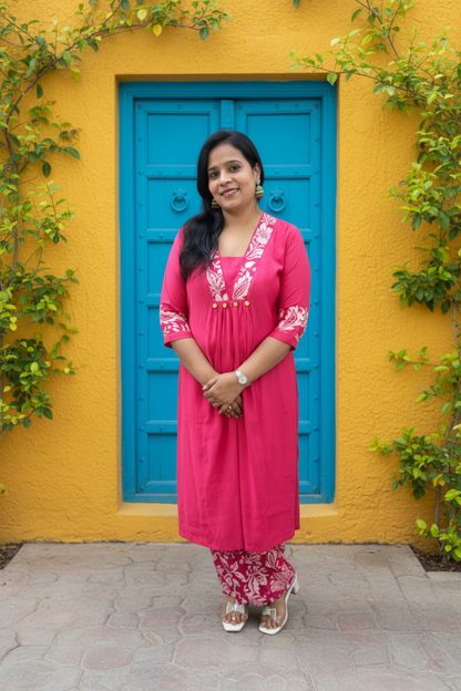 Floral Pink A-Line Muslin Kurta with Palazzo