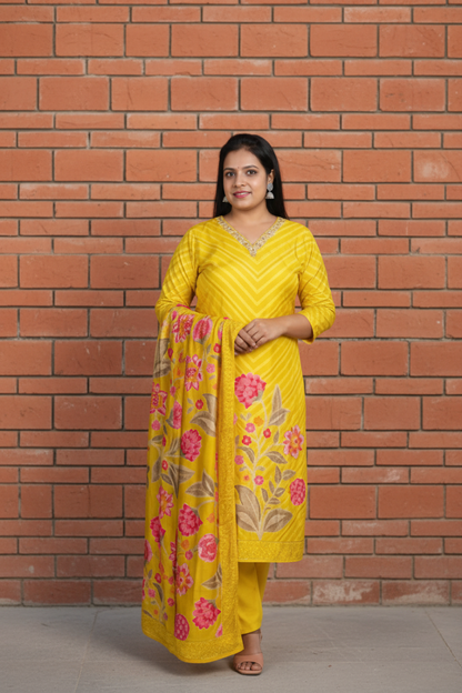 Yellow Viscose Digital Print Straight Suit Set