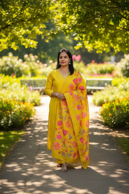 Yellow Viscose Digital Print Straight Suit Set