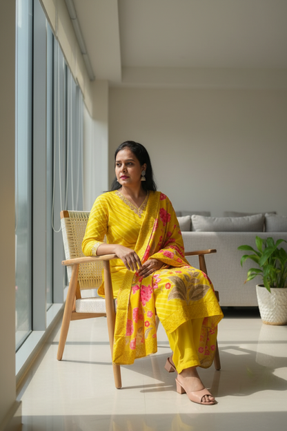 Yellow Viscose Digital Print Straight Suit Set