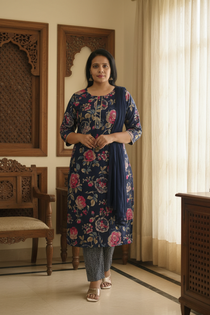 Navy Blue Floral Print Suit Set