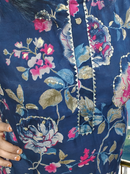 Navy Blue Floral Print Suit Set