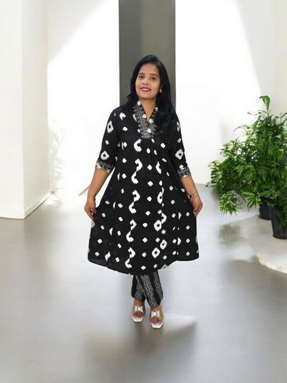 Black & White Printed A-Line Kurta Set