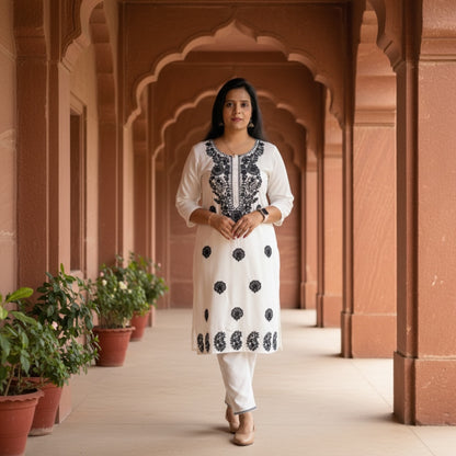 White Embroidered Rayon Kurti Set with Pockets