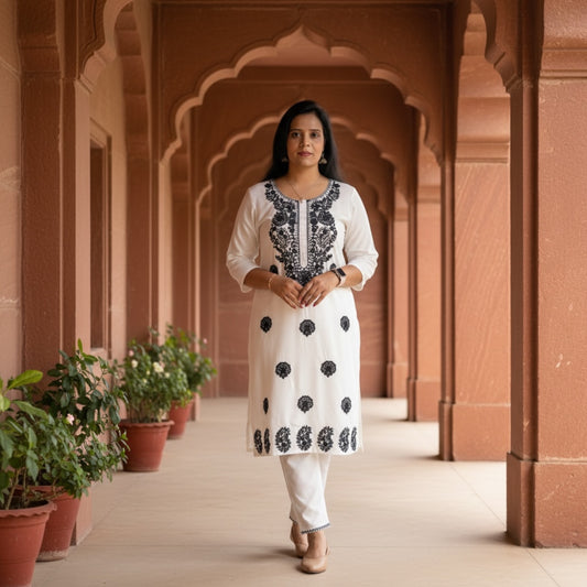 STYLISH RAYON KURTI SET FOR WOMEN WITH FINE EMBROIDERY & POCKETS