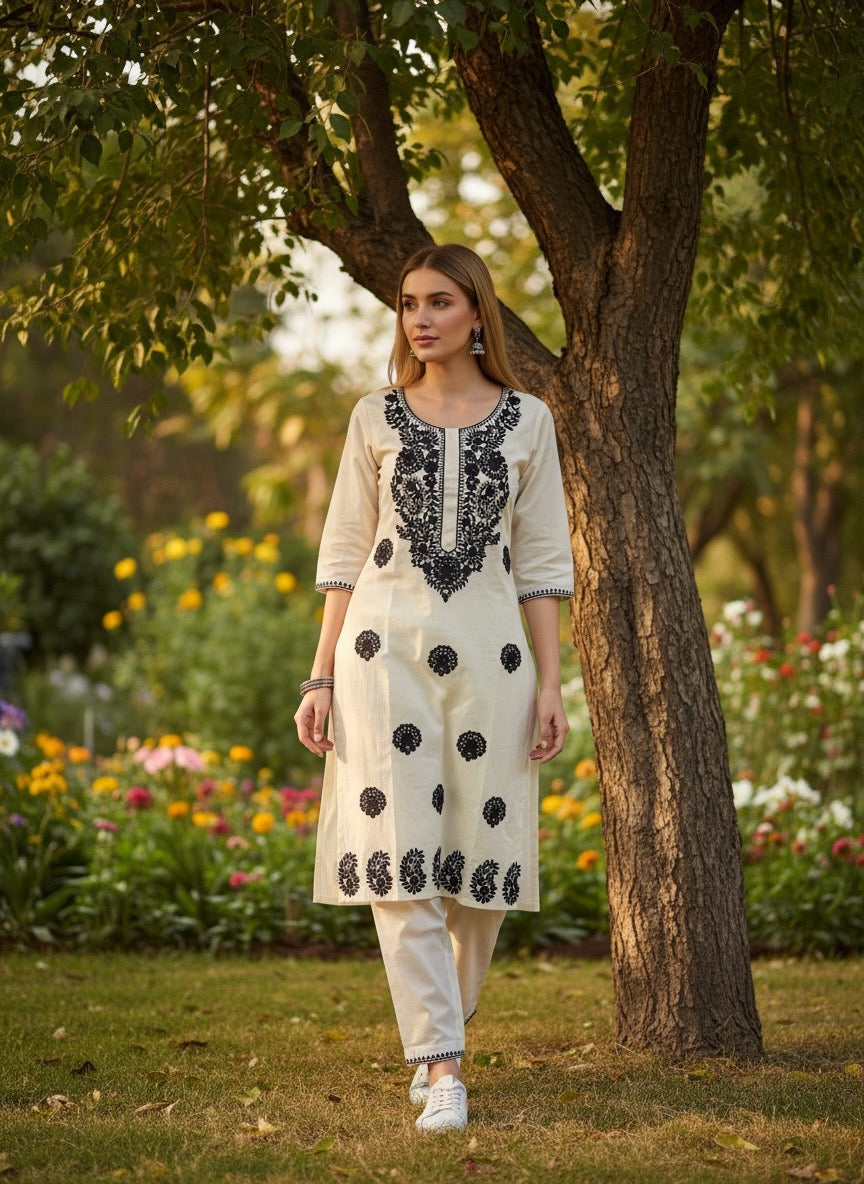 STYLISH RAYON KURTI SET FOR WOMEN WITH FINE EMBROIDERY & POCKETS