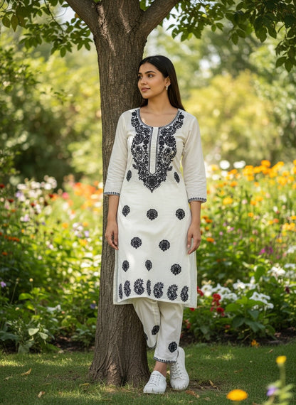 White Embroidered Rayon Kurti Set with Pockets