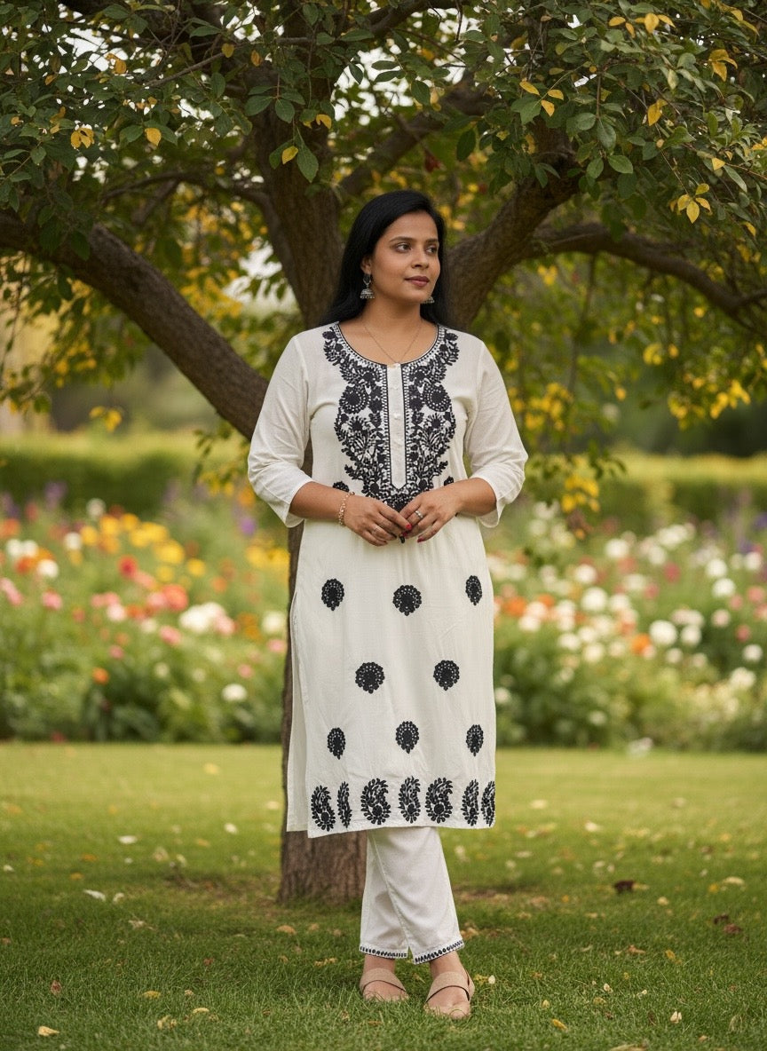 STYLISH RAYON KURTI SET FOR WOMEN WITH FINE EMBROIDERY & POCKETS