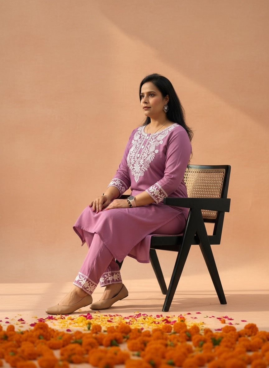 LEVANDER RAYON KURTI SET FOR WOMEN WITH FINE EMBROIDERY & POCKETS