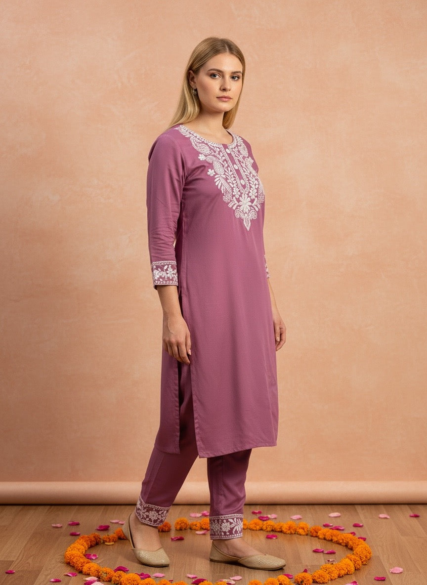 LEVANDER RAYON KURTI SET FOR WOMEN WITH FINE EMBROIDERY & POCKETS
