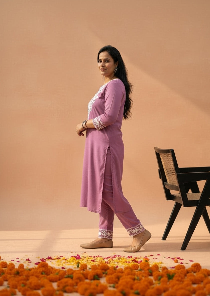 LEVANDER RAYON KURTI SET FOR WOMEN WITH FINE EMBROIDERY & POCKETS