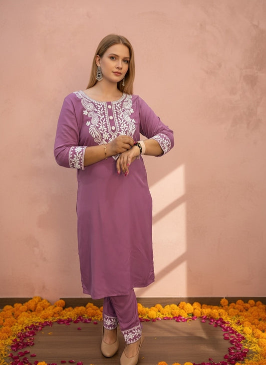 LEVANDER RAYON KURTI SET FOR WOMEN WITH FINE EMBROIDERY & POCKETS