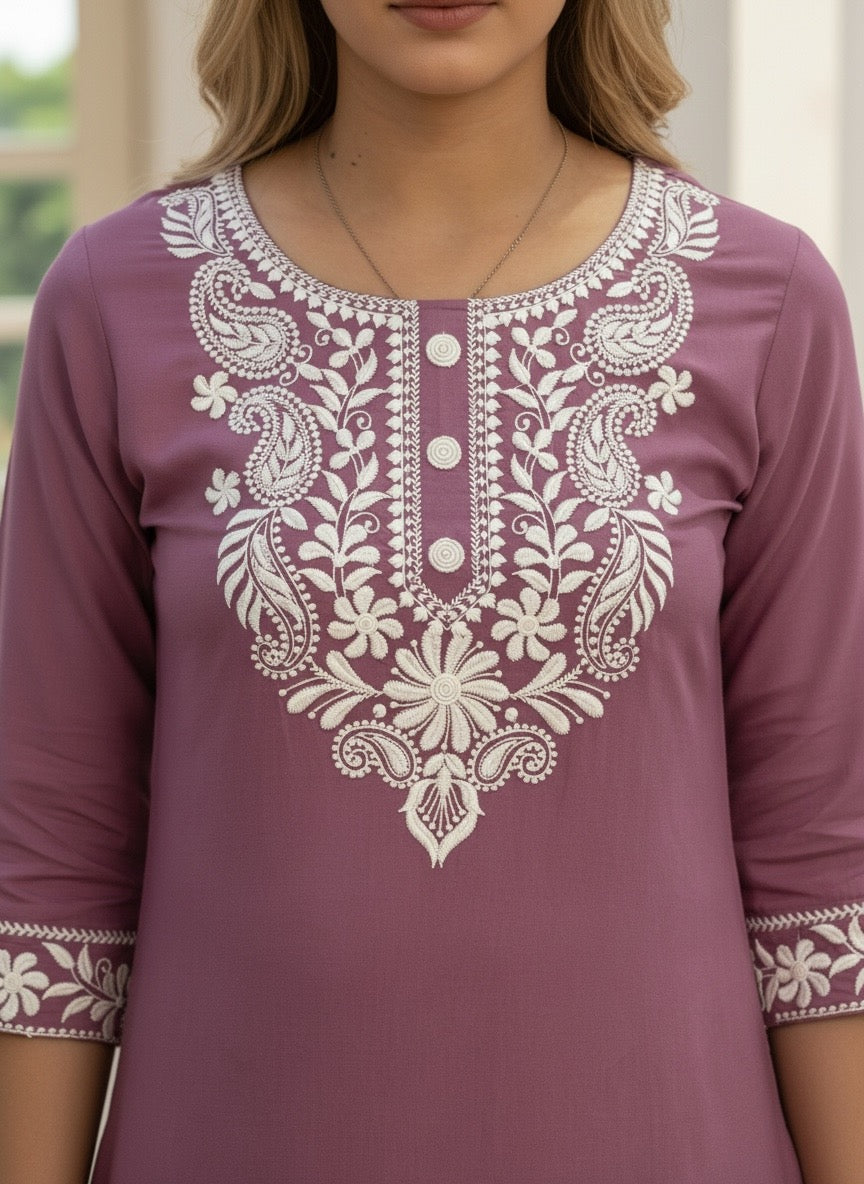 LEVANDER RAYON KURTI SET FOR WOMEN WITH FINE EMBROIDERY & POCKETS