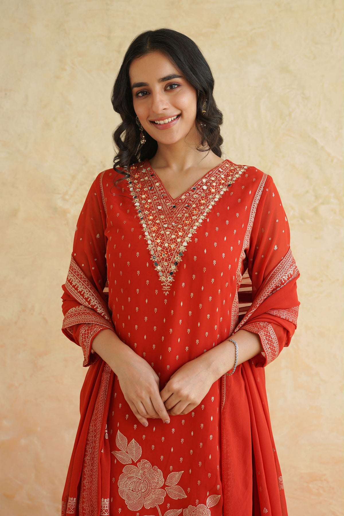Pure Georgette Orange Banarasi Suit Set