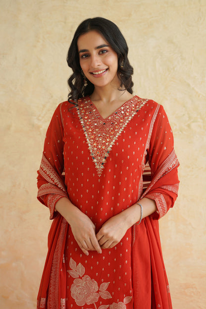 Pure Georgette Orange Banarasi Suit Set