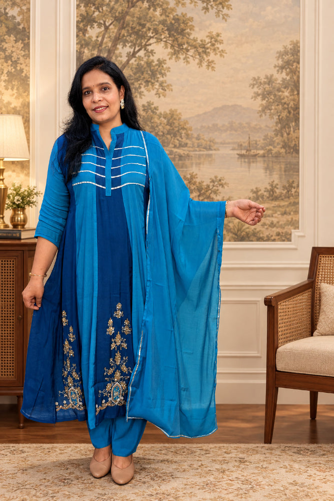 Rama Blue  Mul Chanderi  Anarkali Suit Set 