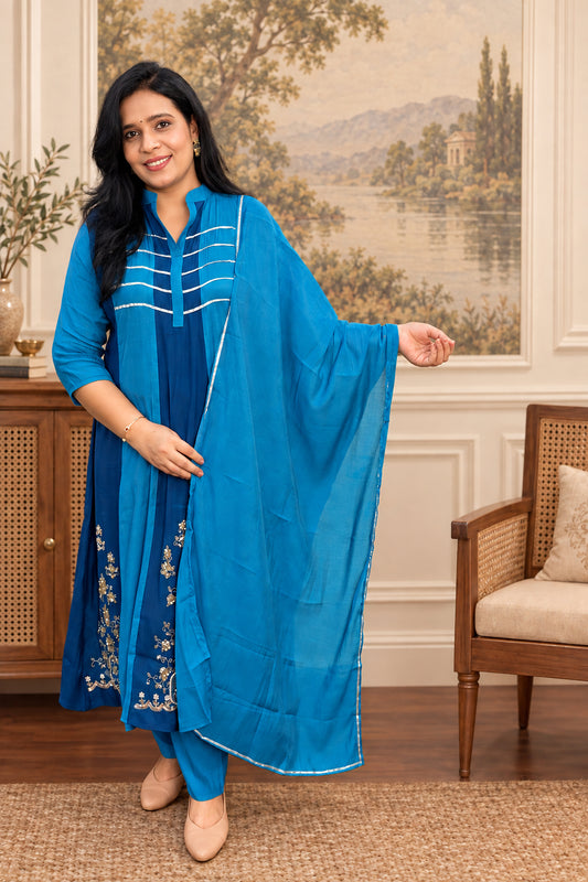 Rama Blue Mul Cotton Anarkali Suit Set with Zari Work