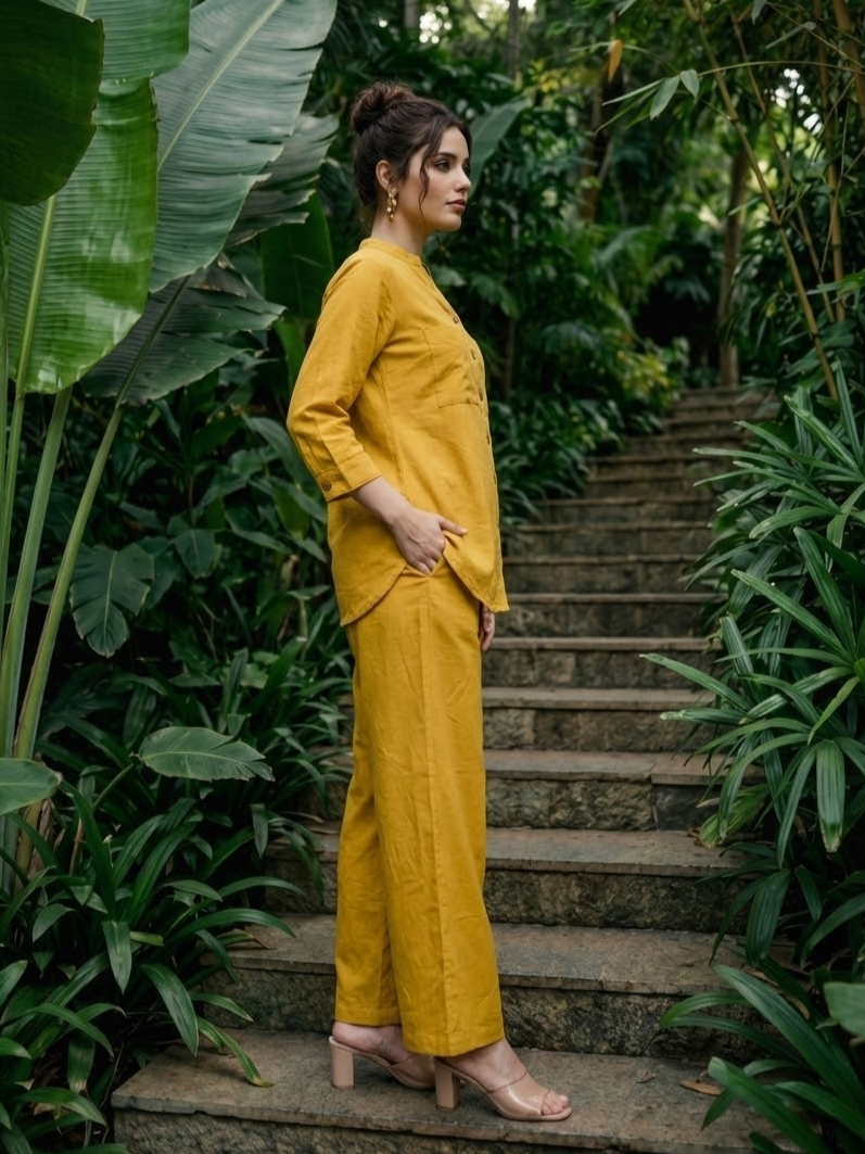 STYLISH MUSTARD YELLOW  COTTON CO-ORD SET FOR OFFICE WEAR