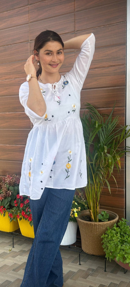White Embroidered Rayon Short Kurti