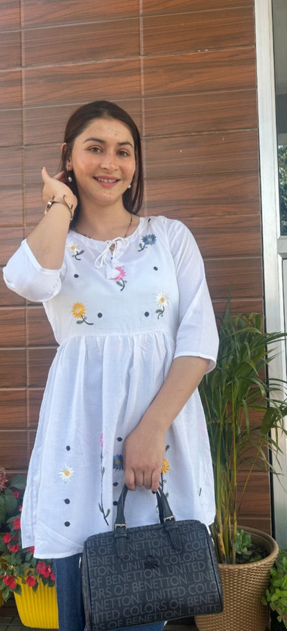 White Embroidered Rayon Short Kurti