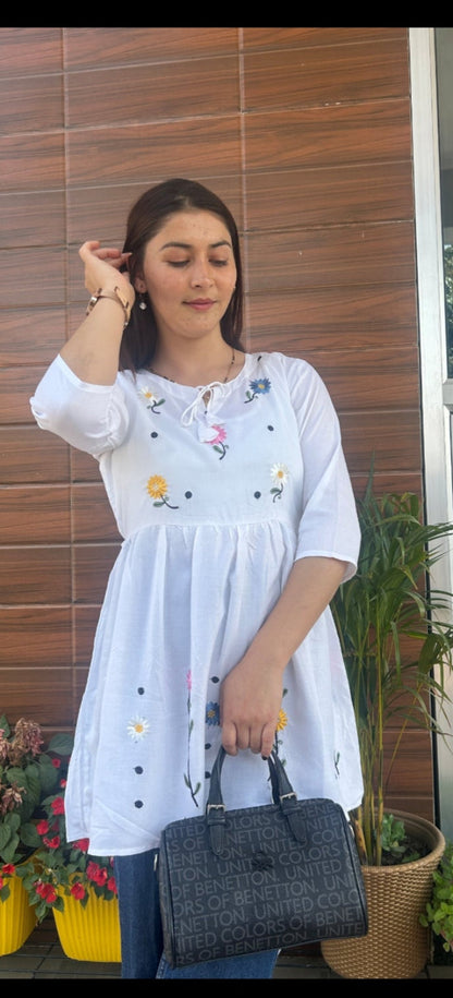 White Embroidered Rayon Short Kurti