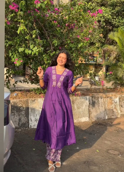 Purple Muslin A-Line Kurta Set