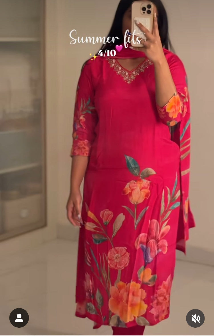 HOT PINK PRINTED STRAIGH SUIT SET