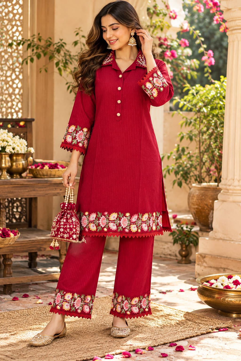 Red Dobby Cotton Shirt Tunic & Pant Co-ord Set