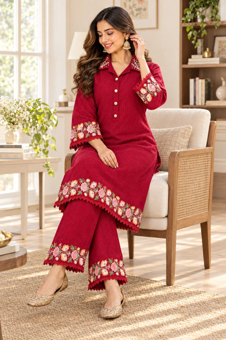Red Dobby Cotton Shirt Tunic & Pant Co-ord Set