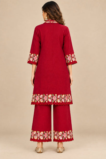 Red Dobby Cotton Shirt Tunic & Pant Co-ord Set