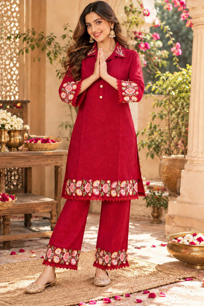 Red Dobby Cotton Shirt Tunic & Pant Co-ord Set