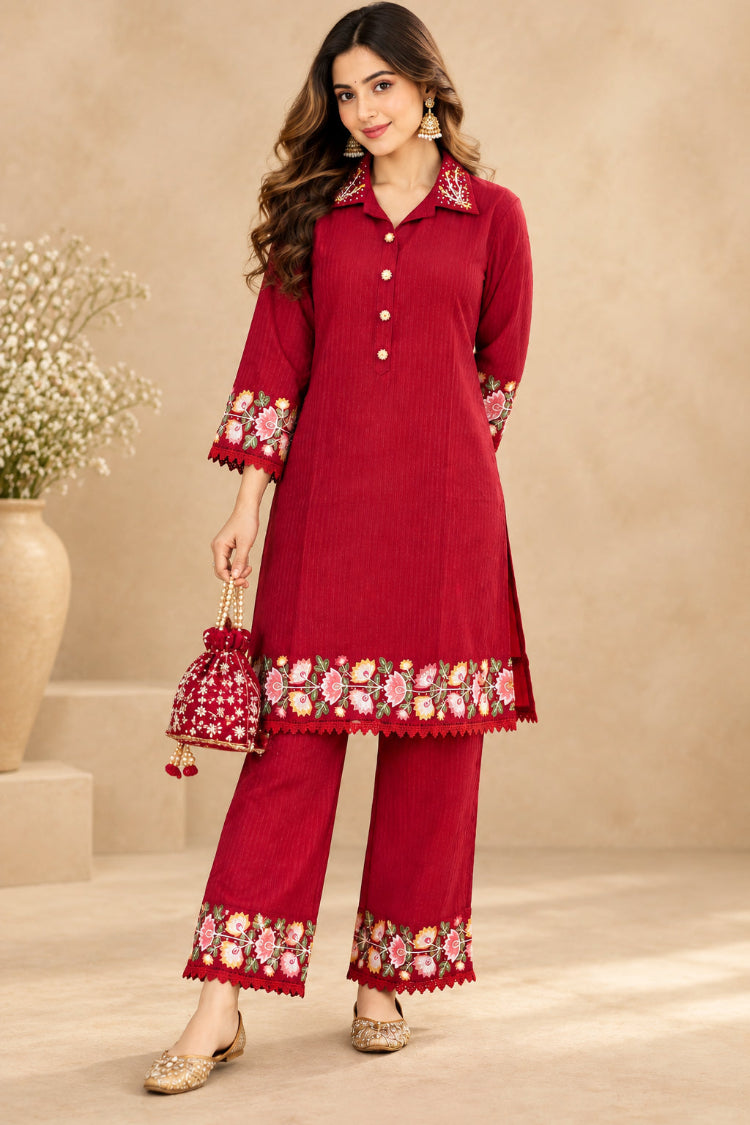Red Dobby Cotton Shirt Tunic & Pant Co-ord Set