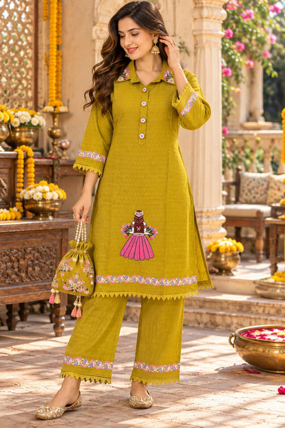 Yellow Dobby Cotton Shirt Tunic &amp; Pant Co-ord Set