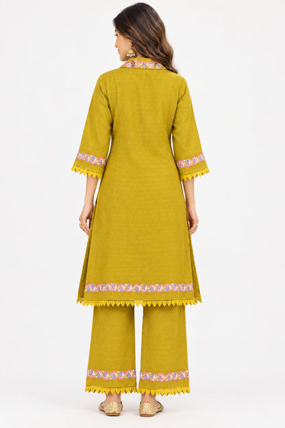 Yellow Dobby Cotton Shirt Tunic &amp; Pant Co-ord Set