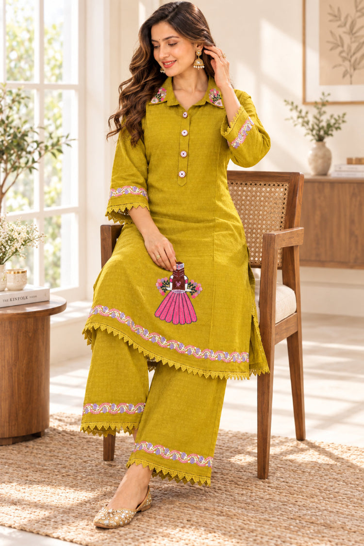 Yellow Dobby Cotton Shirt Tunic &amp; Pant Co-ord Set