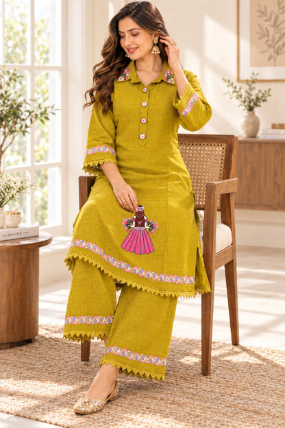 Yellow Dobby Cotton Shirt Tunic &amp; Pant Co-ord Set