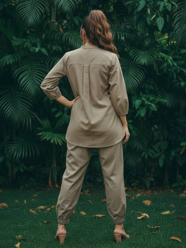 Dusty Olive Grey Embroidered  Cotton Co-Ord Set – BHAVIAURA