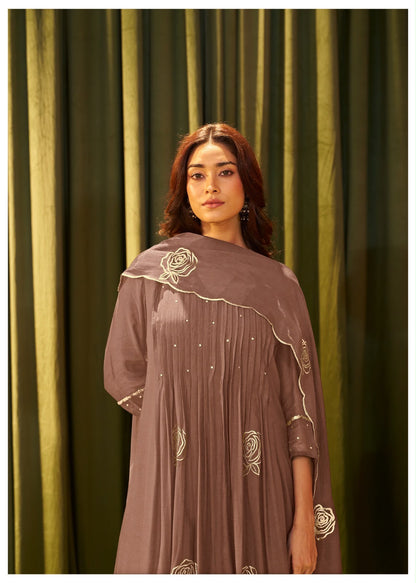 Pure Mul Chanderi Mauve Brown Suit Set